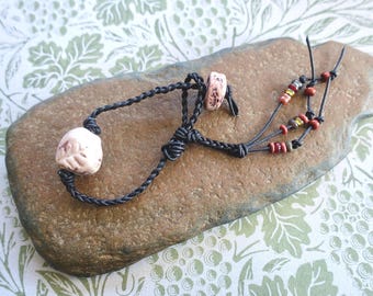 Braided Leather Bracelet With Artisan Ceramic Beads / Unisex Earthy Nomad Style / Burning Man