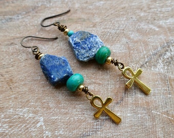 Pendientes Ankh EGIPCIOS n.° 5 / Parte de mi colección "Nod To The Ancients" / Valle de los Reyes / Valle de las Reinas / Nefertiti / Lapislázuli en bruto