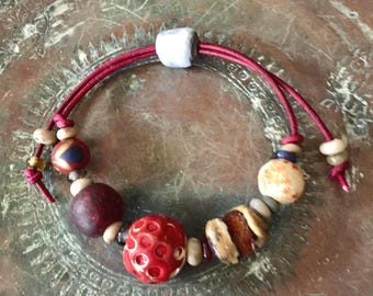 Artisan Ceramic Focal Bracelet / Adjustable Length - Sliding Bead / Burning Man - Post Apo