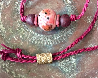 Unisex Post Apo - Burning Man Necklace / Artisan Ceramics  - Recycled Glass on Braided Leather / Ashanti Lost Wax Brass Sliding Tube Bead