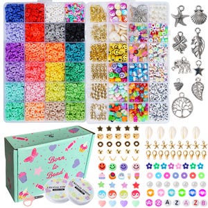 May include: A comprehensive beading kit featuring a selection of colourful beads, charms, and accessories. The kit includes round and flat beads in various colours, smiley face beads, letter beads, and charms. A box with the text "Born to Bead" is also included.
