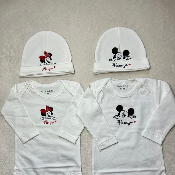 Lot bébé Bodies et bonnet personnalisé Mickey Minnie