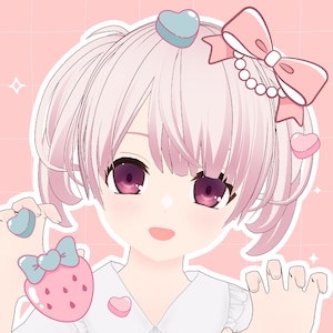 May include: Digital illustration of a person with pink hair and purple eyes. The character has a white collar and is holding a strawberry-shaped accessory with a bow. The background is pink with heart and star accents.