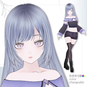 Może przedstawiać: Cyfrowa ilustracja postaci w stylu anime z długimi, jasnoniebieskimi włosami i fioletowymi oczami. Postać ma na sobie czarno-fioletowy strój z czarnymi butami. Tekst na obrazku brzmi "color changeable".