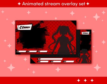 Peut inclure: Ensemble de superposition de flux animé avec un schéma de couleurs rouge et noir. La superposition présente une silhouette d'une personne aux cheveux longs et une section de commentaires avec le mot "COMMENT" en texte blanc.