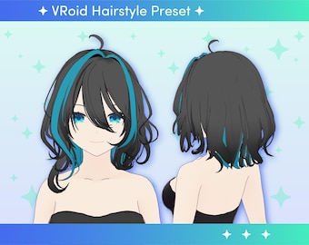 Könnte beinhalten: Eine digitale Illustration einer weiblichen Figur mit schwarzen Haaren und blauen Strähnen. Die Figur trägt ein schwarzes, trägerloses Oberteil. Das Bild ist ein Vroid-Frisuren-Preset.