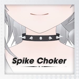 May include: A black choker necklace with silver-colored spikes and studs. The text "Spike Choker" is displayed in a bold, black font below the necklace. The choker is worn around a person's neck.