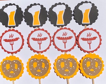 Oktoberfest cupcake toppers. Set of 12 mixed toppers: Wurst, Beer and Pretzel. Cardstock party décor.