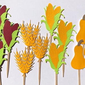 Harvest-Thanksgiving-Farmhouse-Barn-Farmyard themed party décor. Wheat, red and yellow Corn, and Pumpkin. Set of 12 cardstock toppers.