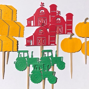 Farmyard cupcake toppers: Barn, Tractor, Hay bale, Pumpkin. Farm Themed Baby Shower or Birthday party décor.