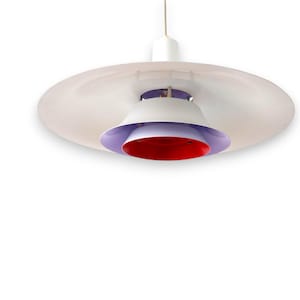 Pendant Lamp: Danish 1970s Multi-Layer Aluminum, White Red Purple, Mid-Century Modern Vintage