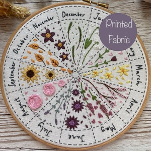 Printed Phenology Wheel Embroidery Fabric, Seasonal Monthly Embroidery Design, A Stitch a Day Printed Embroidery Fabric