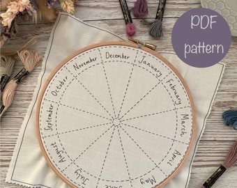 PDF Blank Phenology Wheel Embroidery Design, Instant Download Seasonal Monthly Embroidery Pattern, Thread Journalling Fabric Design