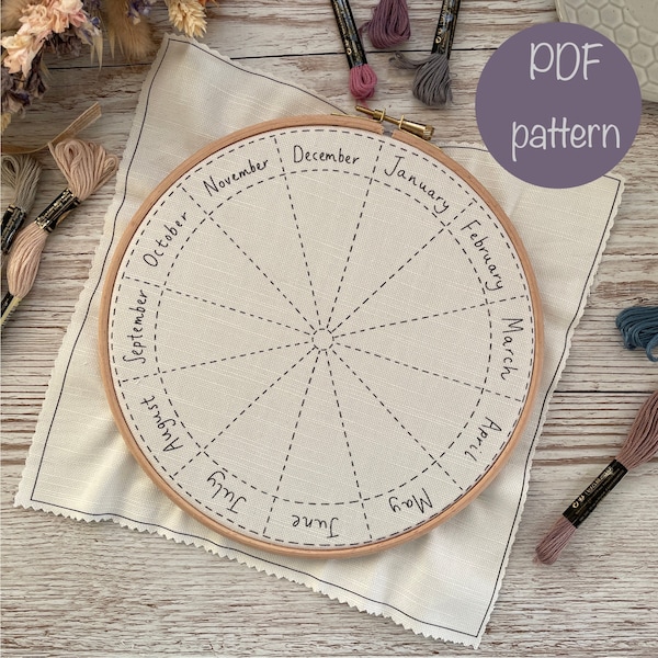 PDF Blank Phenology Wheel Embroidery Design, Instant Download Seasonal Monthly Embroidery Pattern, Thread Journalling Fabric Design