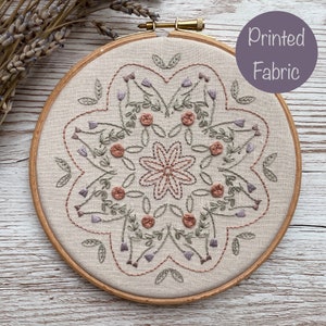 Vintage Rose Embroidered Mandala Printed Fabric Design, Printed Embroidery Fabric, Beginner Embroidery Pattern