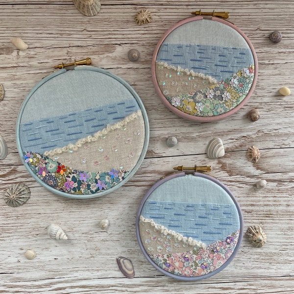 Hand embroidered beach scene hoop art, Coastal home decor, Beach art, Handmade sea hoop, Embroidered home decor