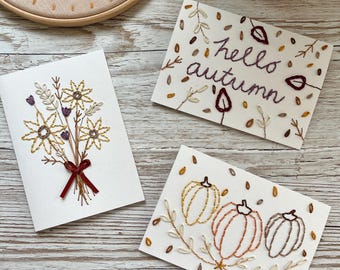 PDF Hello Autumn Embroidered Card Designs, Pumpkin Embroidery Design, Hand Sewn Card Instructions, Instant Download Card Designs