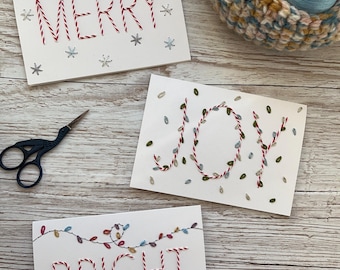 PDF Christmas Embroidered Card Designs, Merry, Bright, Joy Embroidery Design, Hand Sewn Card Instructions, Instant Download Card Designs