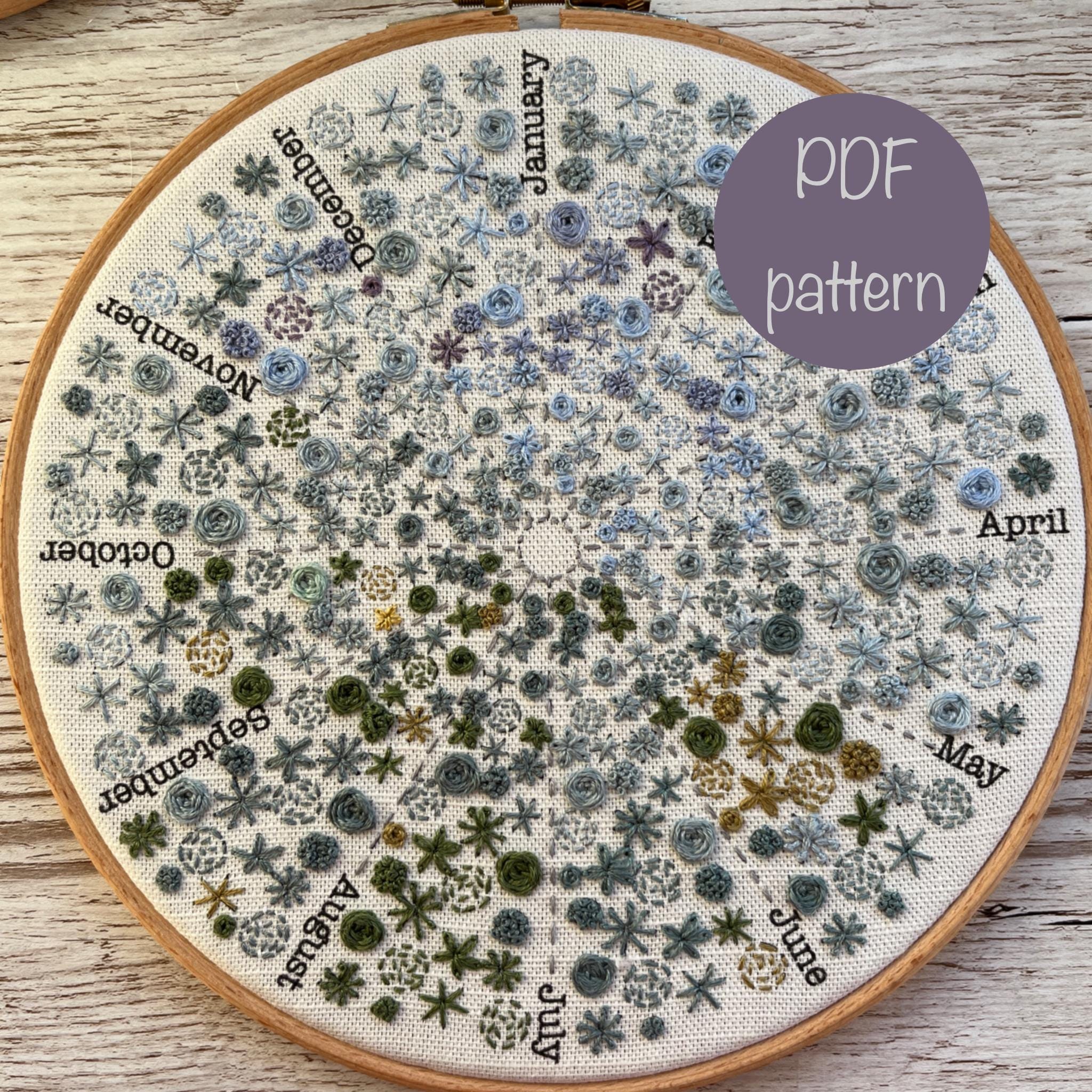 PDFフラワー・ア・デイ刺繍デザイン、インスタントダウンロード温度 