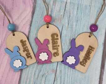 Personalized Wooden Easter Basket Tag, Bunny & Egg Design