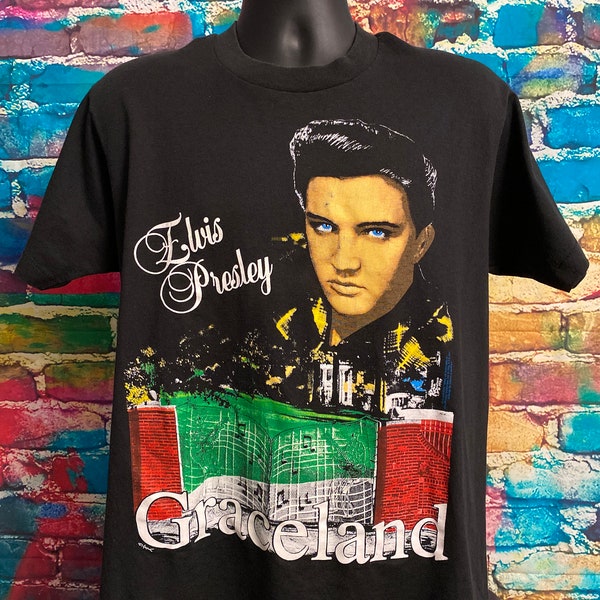 Vintage Elvis Presley Graceland Graphic Black T-Shirt by Fruit of the Loom 1992 - Single Stitch - Made in the USA - 50/50 Blend - Size Large