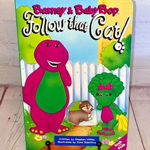 Barney & Baby Bop "Follow That Cat!" by Stephen White | Children's Board Book by The Lyons Group 1994 | See Photos and Read Details