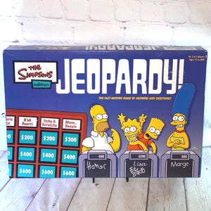 May include: The Simpsons edition of Jeopardy! board game. The box is blue with the game title in large white letters. The game features Homer, Lisa, Bart, and Marge Simpson. The game is for 3 to 5 players, ages 12 and up.