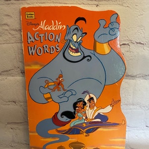 Libro de cartón de tapa dura Aladdin Action Words de Disney por Golden Books 1994 / A Golden Sturdy Shape Book