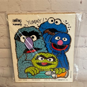 Sesame Street "Four Monsters" 14 Piece Board Puzzle by Playskool 1976 | Cookie Monster | Oscar the Grouch | Puzzle is Complete!