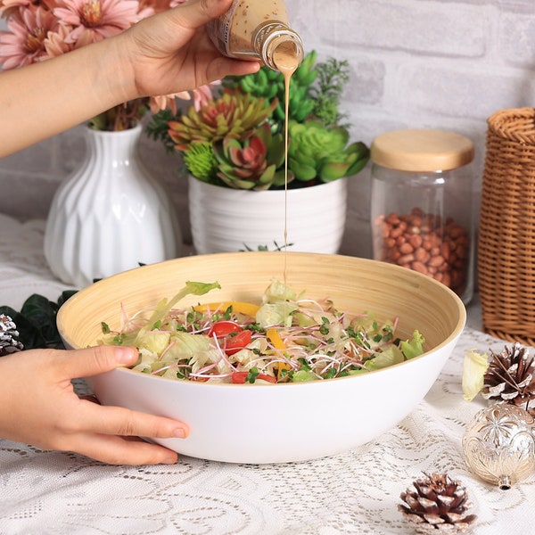 Salad Bamboo Bowl Handmade Salad Bowl Super Lightweight, Fruit bowl, Bamboo Gift, Birthday Gift, Gift For Her Kitchen Christmas Gift (White)