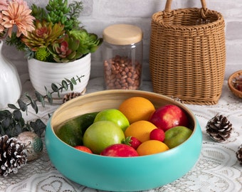 Fruit Bowl For Kitchen Counter, Decorative Bowl, Large Serving Bowl Or Fruit Basket For Kitchen, Spun Bamboo, Wooden Bowl ( Blue)