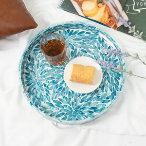 Serving Tray 12.5 Inch, Lacquer Mother of Pearl Inlay Mosaic Tray, Round Wooden Marble Tray with Handles Trays for Tea, Breakfast in Bed