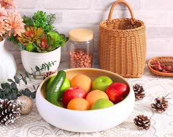 Fruit Bowl For Kitchen Counter, Decorative Bowl, Large Serving Bowl Or Fruit Basket For Kitchen, Spun Bamboo, Wooden Bowl (White)