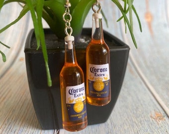 Mini Corona  Beer Bottle 3D with Hypoallergenic French Hook Silver sterling/ Kawaii earrings Corona Beer Bottles