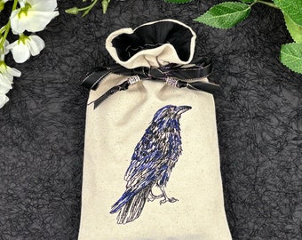 Raven Embroidered Silk lined Tarot Bag Keepsake Bag / Drawstring Bag / Jewelry Bag / Crystal Bag / Gift Bag / Tarot Pouch
