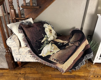 Floral Woven Blanket, Gothic Woven Blanket, Cotton Throw, Dark Academia Decor, Dark Decor, Bookish Decor, Mystical Gift, Reading Blanket
