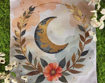 Floral Moon Altar Cloth, Tarot Cloth, Altar Decor, Divination Cloth, Wall Hanging, Spiritual Decor, Dice Mat, Centerpiece, Tarot Tablecloth