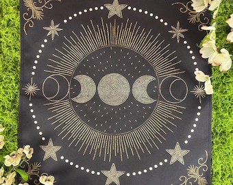 Triple Moon Altar Cloth, Tarot Cloth, Altar Decor, Divination Cloth, Wall Hanging, Spiritual Decor, Dice Mat, Centerpiece, Tarot Tablecloth