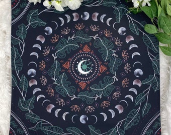 Leaves Moon Phase Altar Cloth, Tarot Cloth, Altar Decor, Double Sided Altar Cloth, Wall Hanging, Dice Mat, Centerpiece