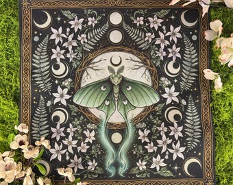 Mantel de Altar Luna Moth, Mantel de Tarot, Decoración de Altar, Mantel de Adivinación, Tapiz de Pared, Decoración Espiritual, Tapete de Dados, Centro de Mesa, Mantel Individual