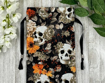 Floral Skull Tarot Bag/ Custom Tarot Pouch/ Keepsake Bag / Drawstring Bag / Oracle Bag / Crystal Bag / Tarot Pouch / Cosmetic Bag