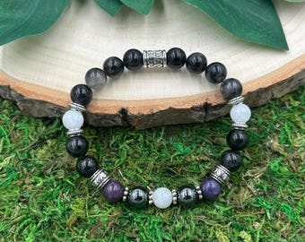 Empath Crystal Bracelet, Moonstone, Lepidolite, Hematite, Anxiety Healing Bracelet, Empath Shield, Empath Protection,Stretch Bracelet