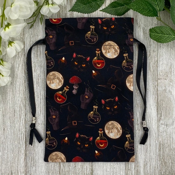 Witchy Cat Tarot Bag/ Custom Tarot Pouch/ Keepsake Bag / Drawstring Bag / Oracle Bag / Crystal Bag / Tarot Pouch / Cosmetic Bag