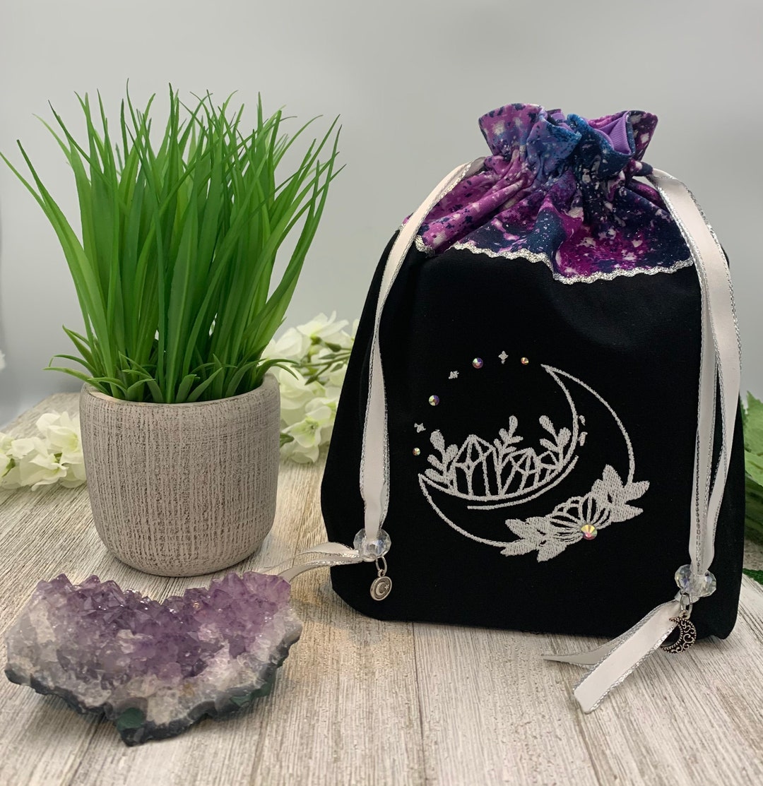 Large Black Unicorn Tarot Card Bag – Purple Velvet Drawstring, Psychic Gift, Beautiful