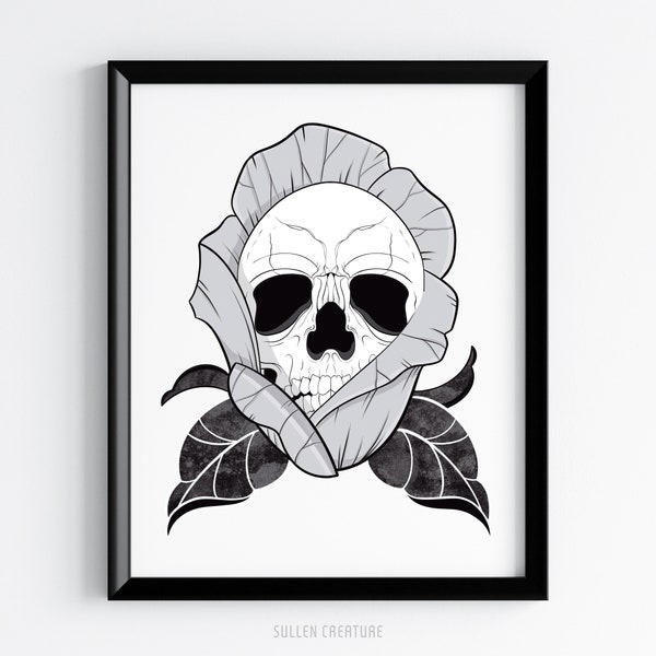 Skull Rose Art Print, 8x10, 4x6, Spooky Home Decor, Black and White, Gothic Gifts For Her, Dark Nature, Floral Design