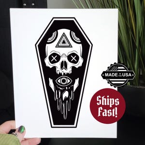 Gothic Skull Coffin Art, Spooky Home Decor, 8x10, Black and White, Creepy Gifts, Halloween, Dark Illustration
