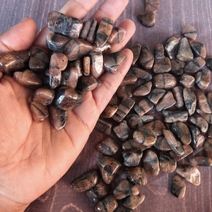 May include: A collection of brown and black striped tumbled stones. The stones are smooth and have a natural, polished look.