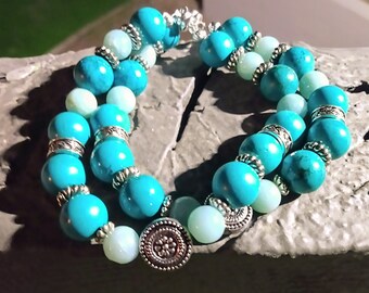 Bracciale fatto a mano con turchese messicano naturale AAA e amazzonite AAA - 10 mm e 8 mm -