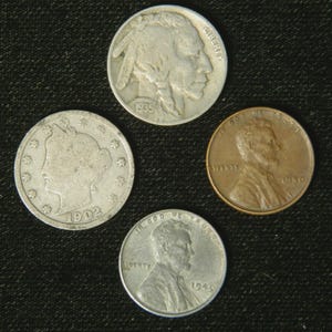 Lot of 4 Old US Coins – Buffalo Nickel, Liberty V Nickel, Steel Cent, Wheat Penny Mix
