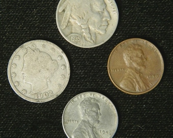 Lot of 4 Old US Coins – Buffalo Nickel, Liberty V Nickel, Steel Cent, Wheat Penny Mix